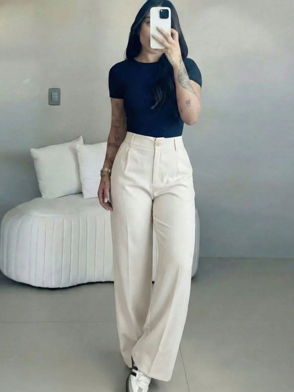 White Elegant Women's High Waist Slim Fit Wide Leg Pants